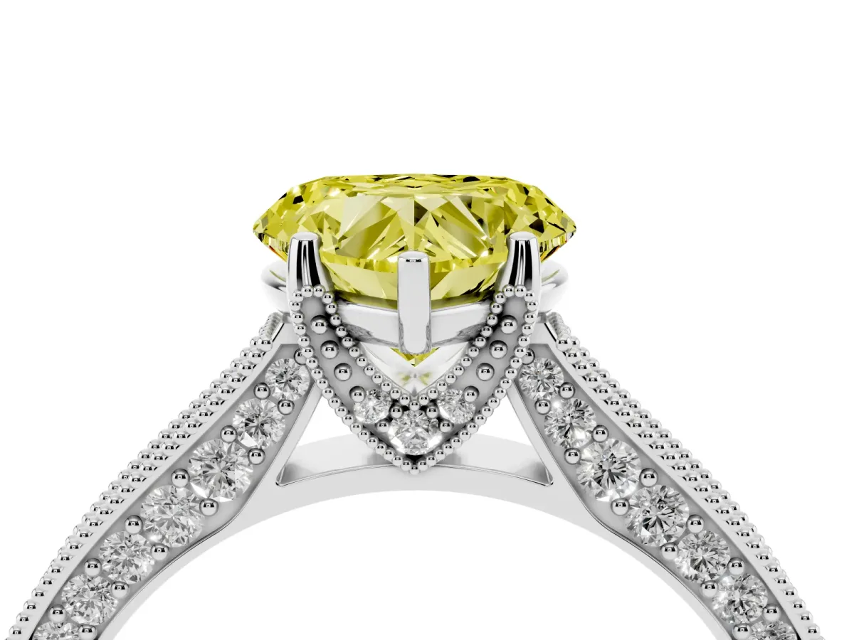 Fancy Yellow Heart Cut Cut Diamond Solitaire Ring with Milgrain Pave Band and Four Prong Setting Silver