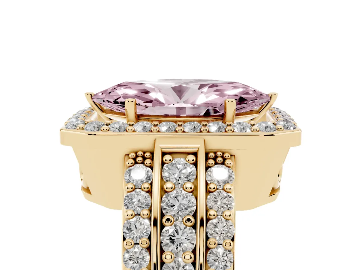 Fancy Pink Marquise Cut Halo Diamond Ring with Round Split Shank and Prong Setting Yellow gold