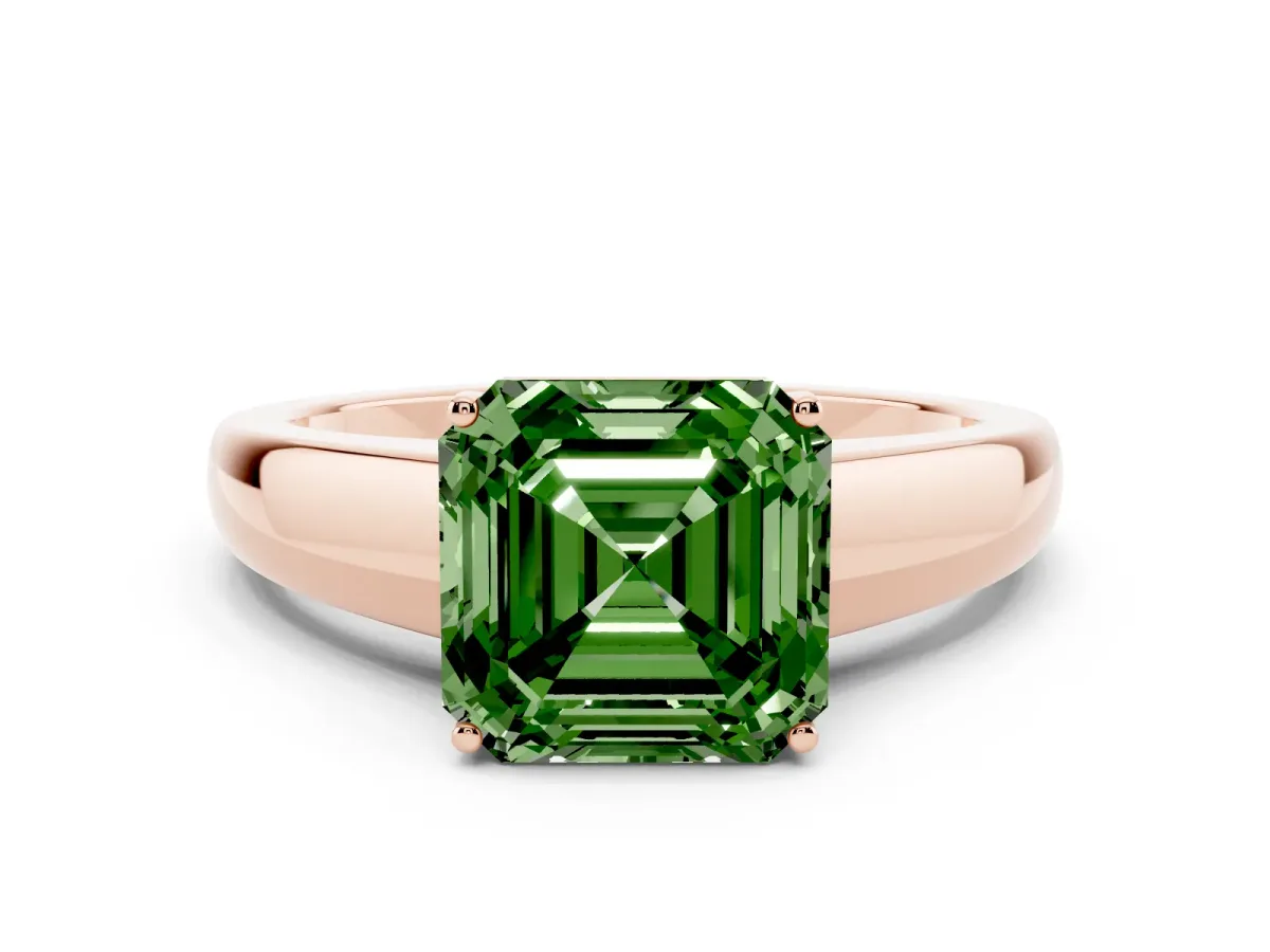 Fancy Green Asscher Cut Solitaire Diamond Ring with Tapered Band and Four-Prong Setting Rose gold