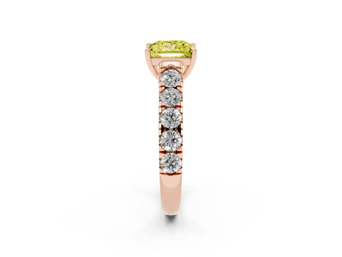 Fancy Yellow Princess Cut Cut Diamond Solitaire Ring with Micro Pave Band and Prong Setting Rose gold