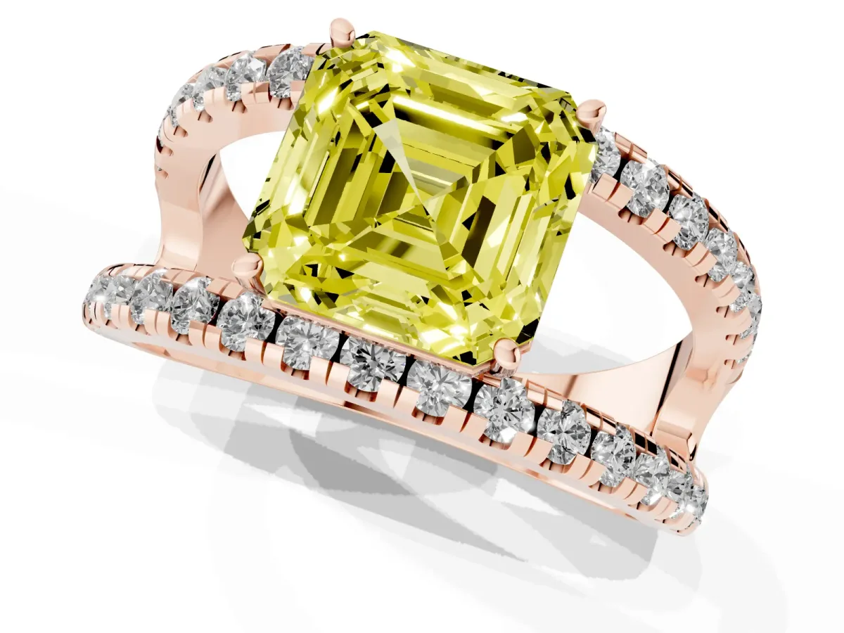Fancy Yellow Asscher Cut Solitaire Split Shank Pave Diamond Ring Rose gold