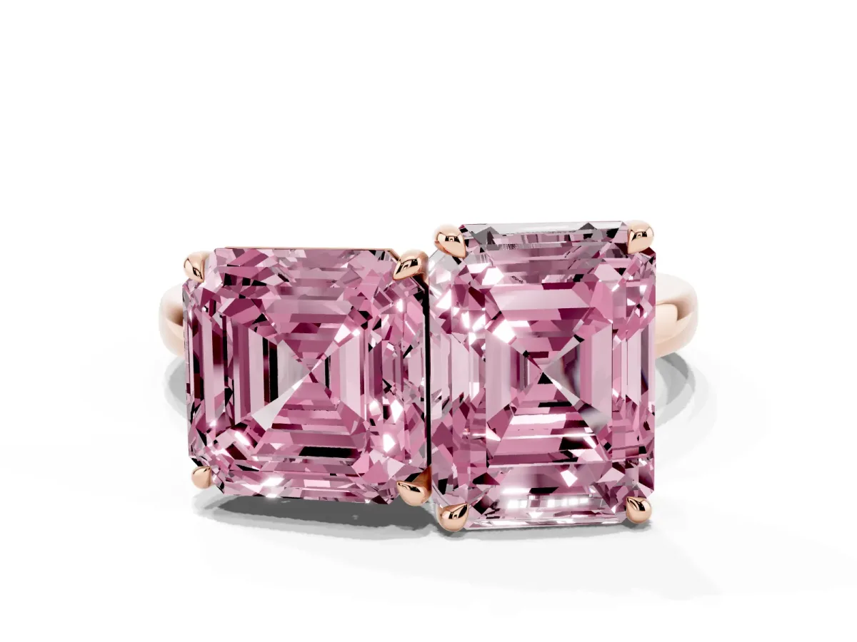 Fancy Pink Asscher Cut and Emerald Cut Toi Moi Ring with Prong Setting Rose gold