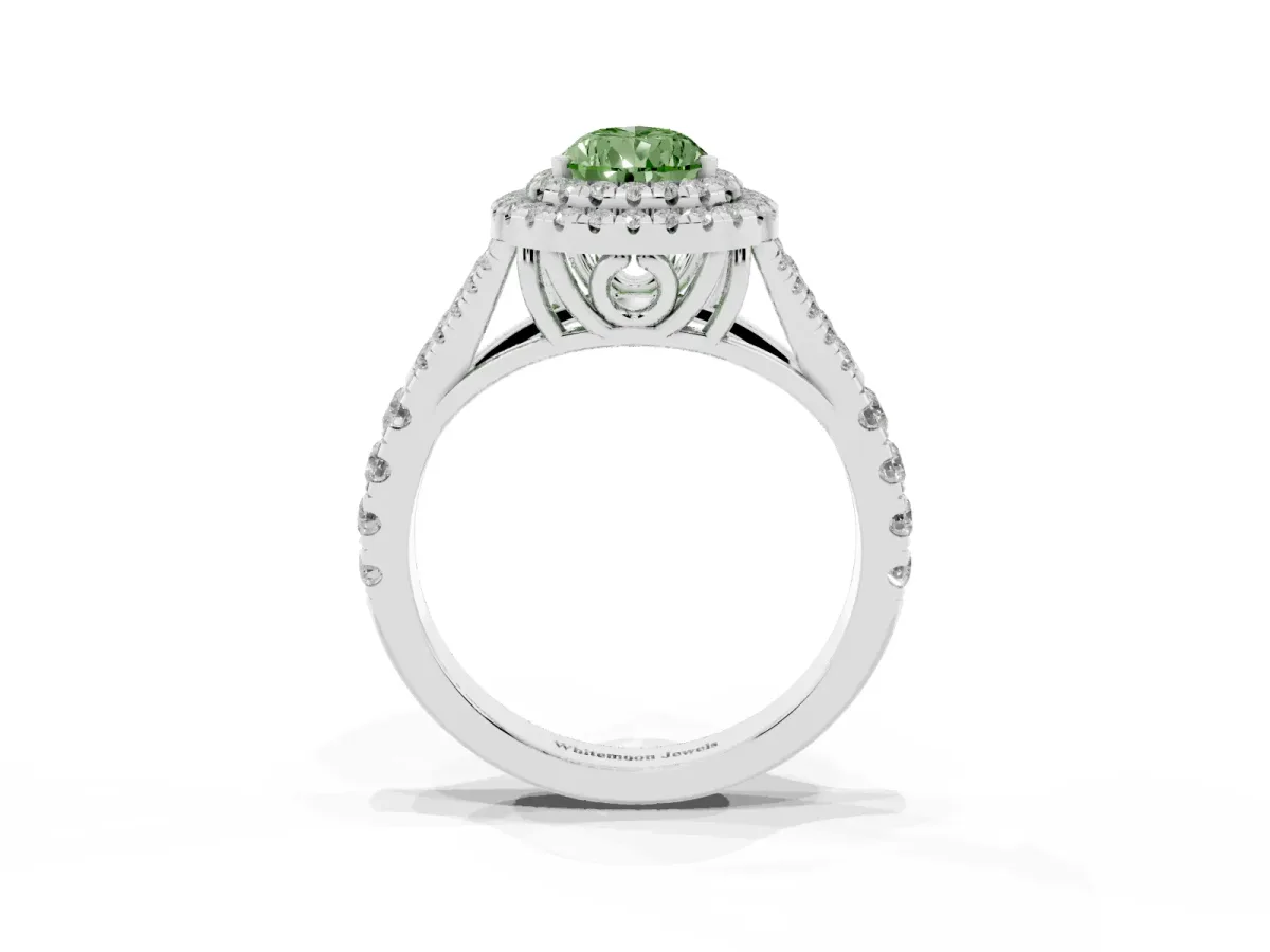 Fancy Green Pear Cut Diamond Double Halo Ring with Split Shank and Prong Setting Silver