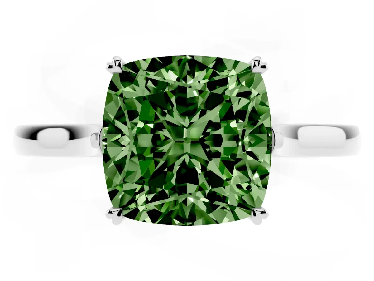 Fancy Green Cushion Cut Solitaire Heart Prong Engagement Ring with Tapered Band Platinum
