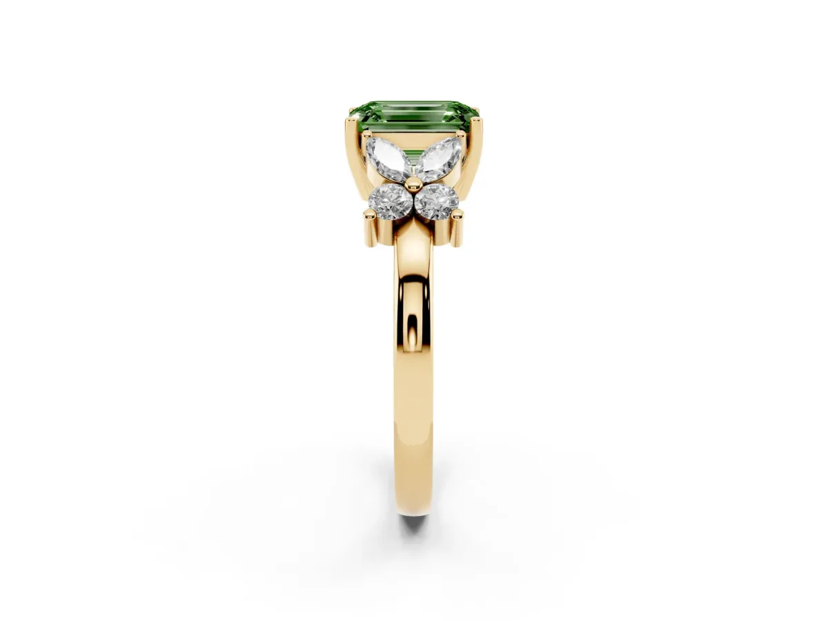 Fancy Green Emerald Cut Diamond Floral Cluster Ring with Solitaire Band and Prong Setting Yellow gold