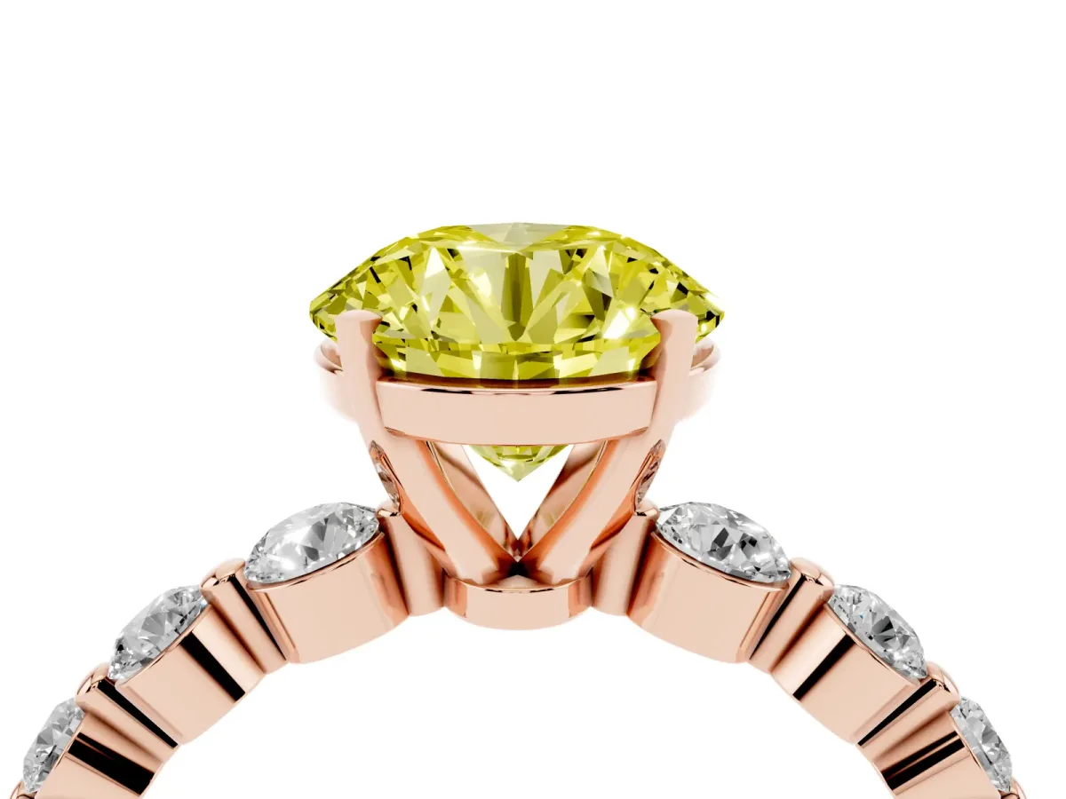 Fancy Yellow Round Cut Solitaire Diamond Ring with Pave Band and Four-Prong Setting Rose gold