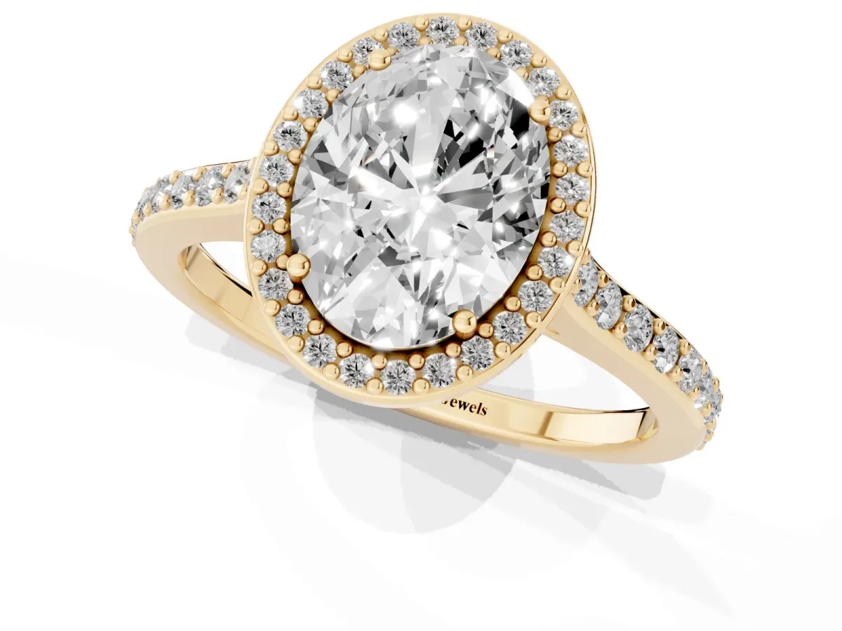 Oval Cut Diamond Halo Engagement Ring with Round Pavé Shoulders and Prong Setting Yellow gold