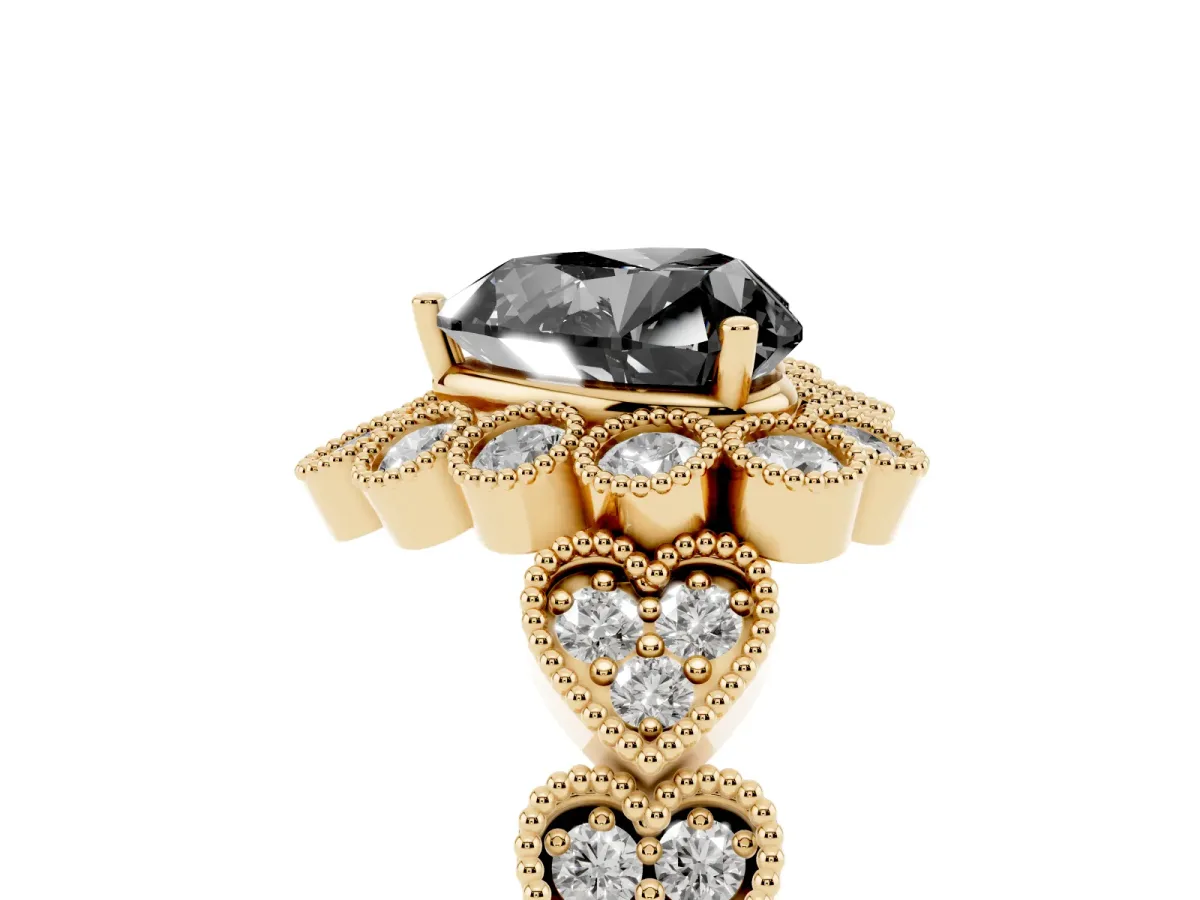 Fancy Black Heart Cut Brilliant Milgrain Pave Heart Band Solitaire Ring Yellow gold