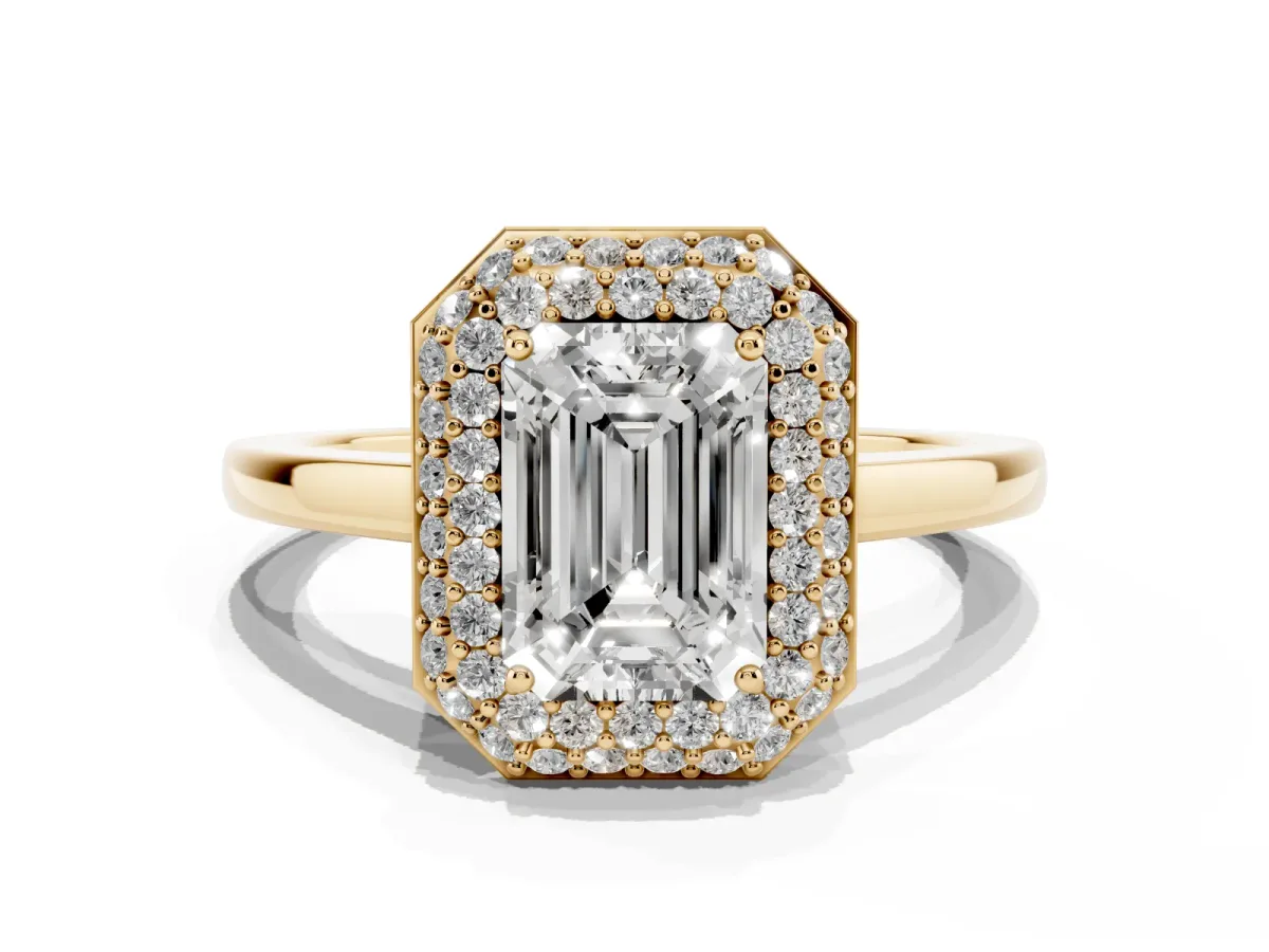 Emerald Cut Halo Diamond Engagement Ring with Solitaire Band and Four-Prong Setting Yellow gold