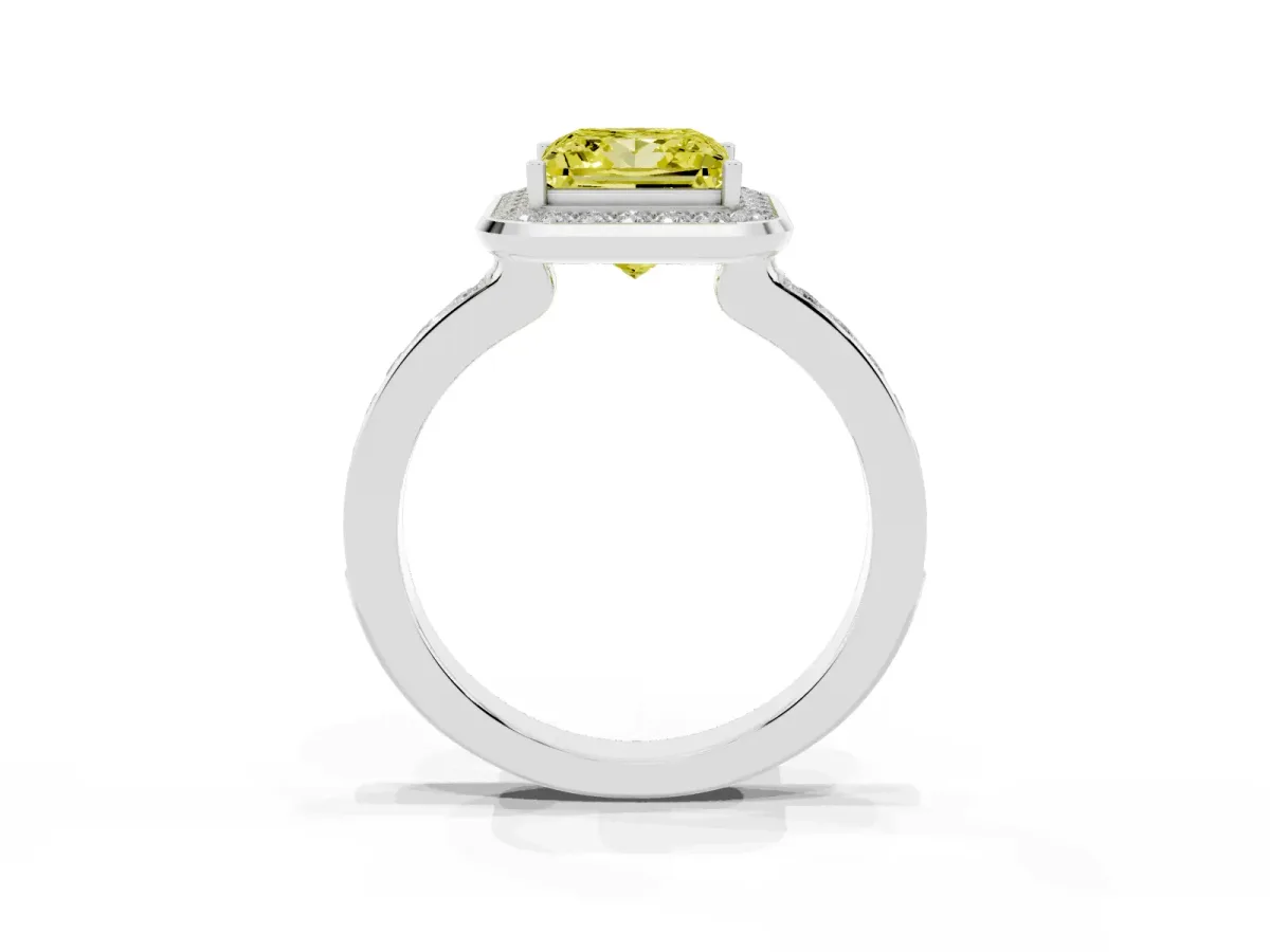 Fancy Yellow Princess Cut Diamond Halo Ring with Bezel Frame and Pavé Band Platinum