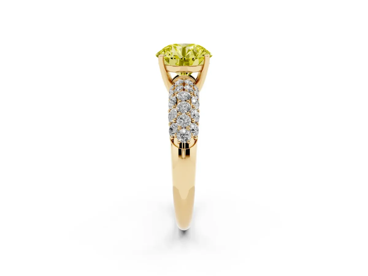 Fancy Yellow Round Cut Diamond Pavé Band Solitaire Ring with Four-Prong Setting Yellow gold