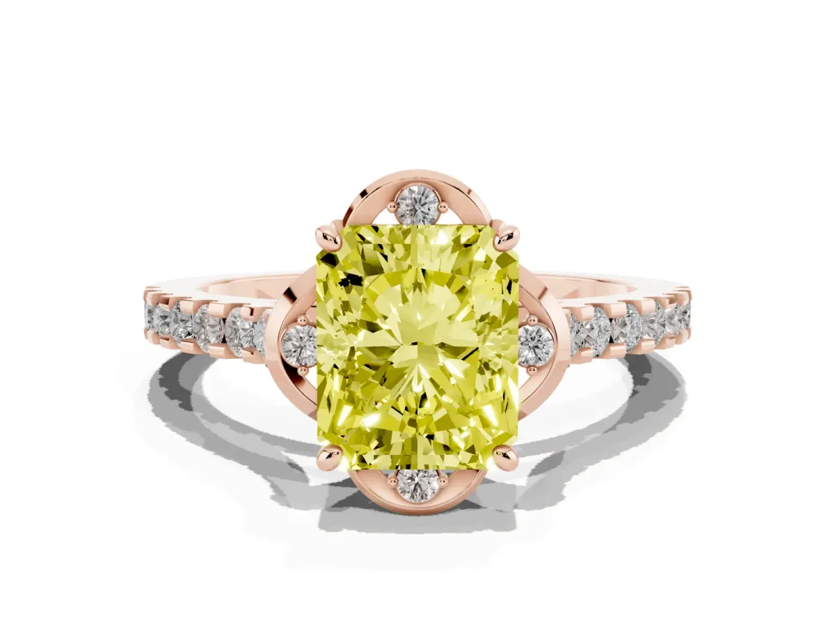 Fancy Yellow Radiant Cut Diamond Ring with Pavé Band and Floral Prong Setting Rose gold