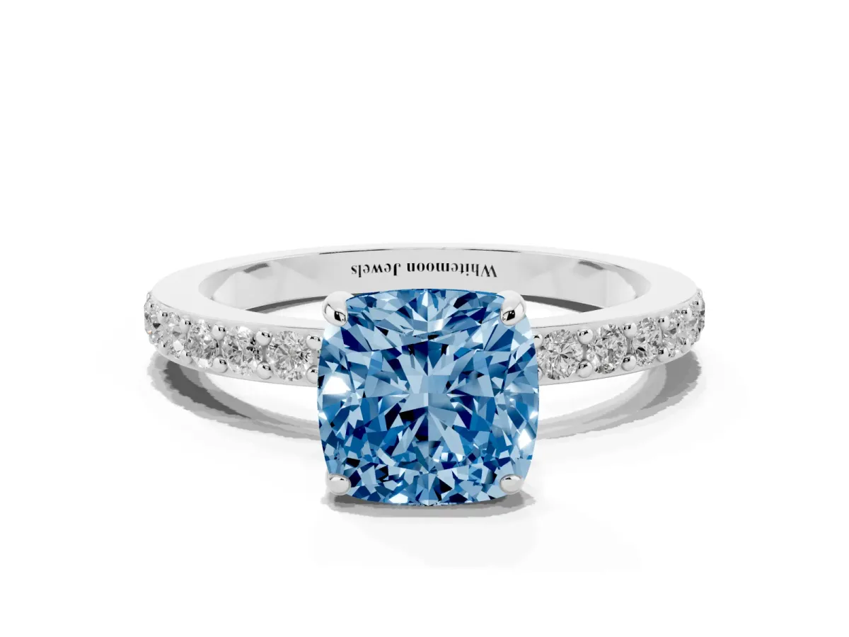 Fancy Blue Cushion Cut Diamond Pavé Engagement Ring with Round Accents and Prong Setting Silver