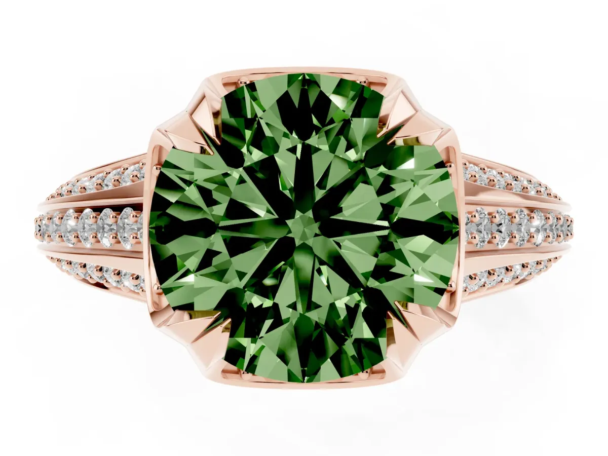 Fancy Green Round Cut Solitaire Pave Split Shank Ring with Four-Prong Setting Rose gold