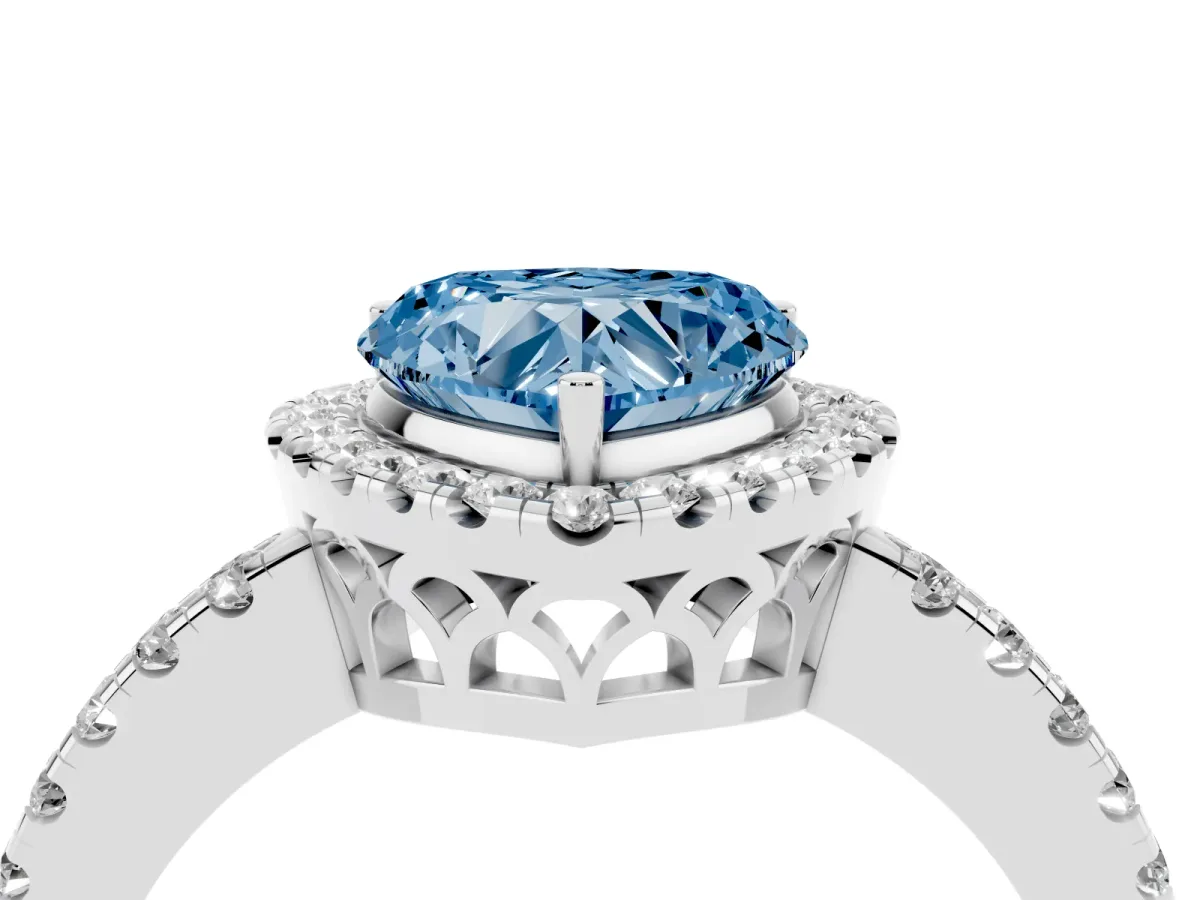 Fancy Blue Heart Cut Halo Diamond Engagement Ring with Pavé Band and Four-Prong Setting Platinum