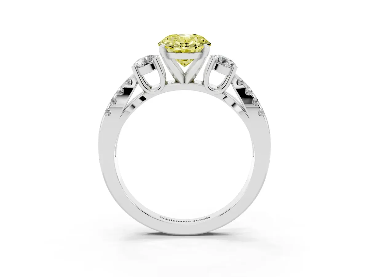 Fancy Yellow Oval Cut Diamond Three-Stone Ring with Pavé Split Shank and Four-Prong Setting Silver