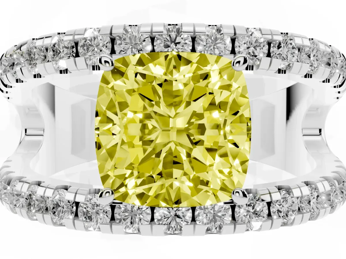 Fancy Yellow Cushion Cut Solitaire Split Shank Pave Diamond Ring Platinum