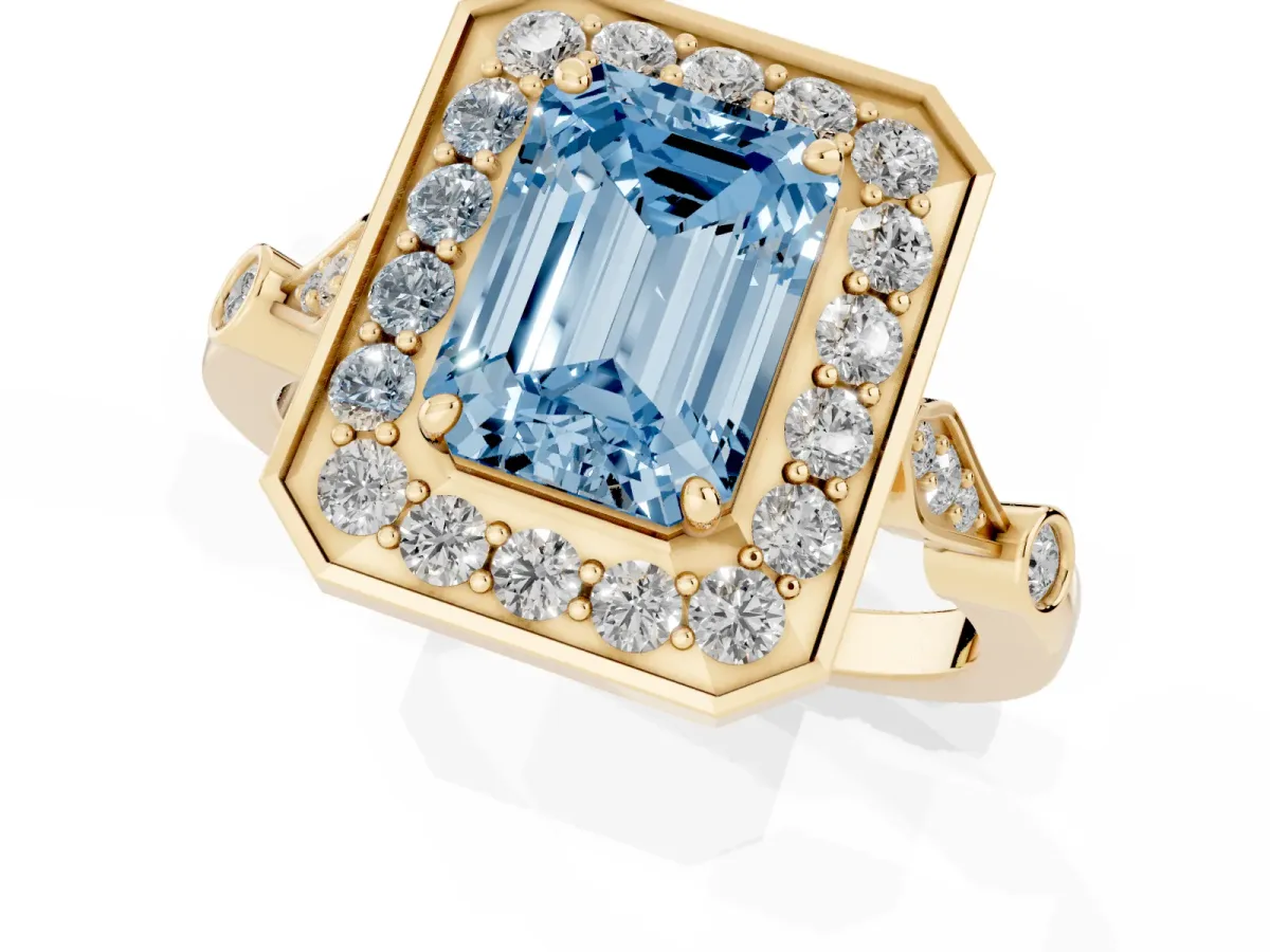 Fancy Blue Emerald Cut Halo Diamond Engagement Ring with Twisted Band and Four-Prong Setting Yellow gold