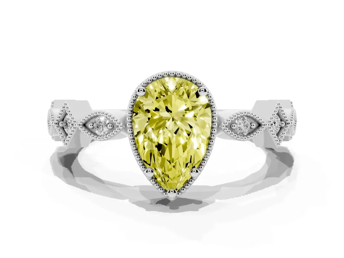 Fancy Yellow Pear Cut Milgrain Marquise Diamond Twist Band Ring Silver