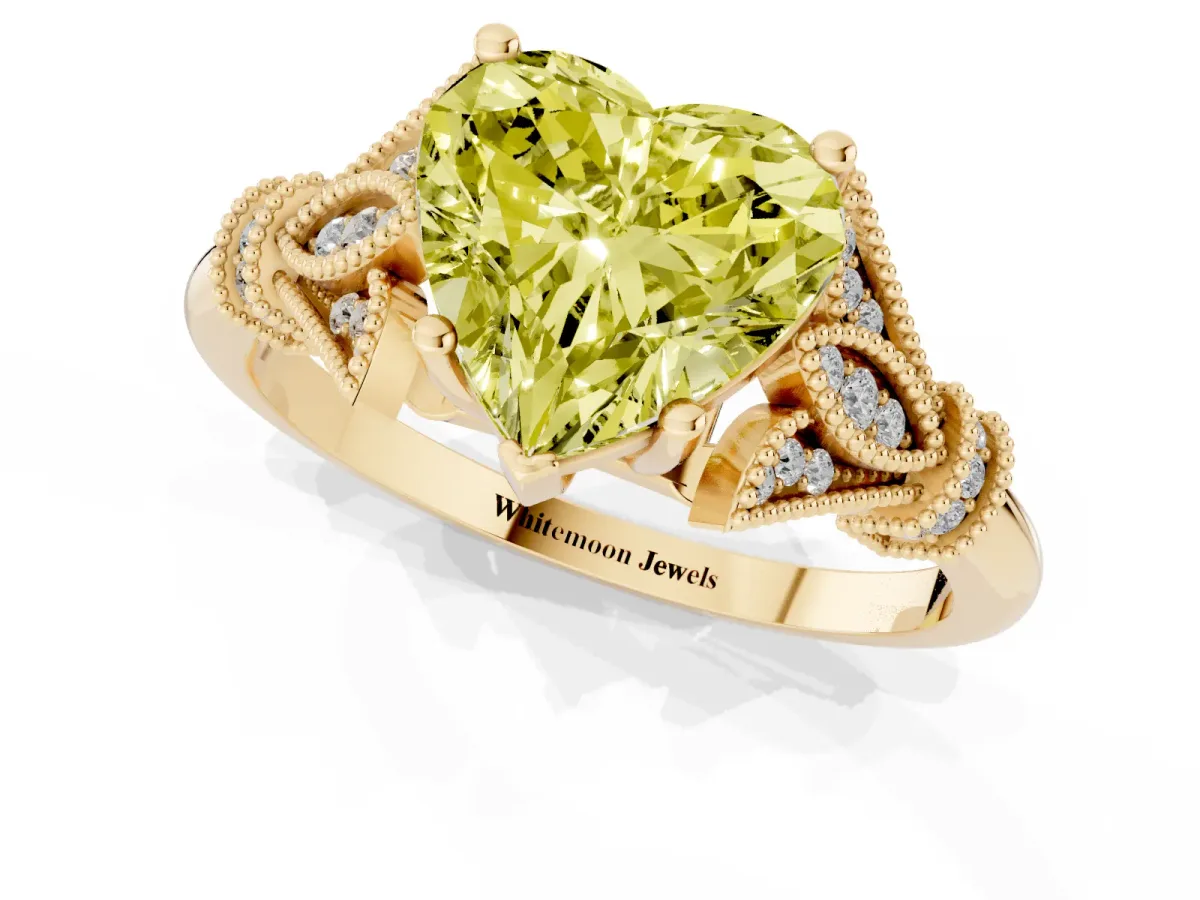 Fancy Yellow Heart Cut Diamond Solitaire Ring with Floral Filigree and Pave Accents Yellow gold