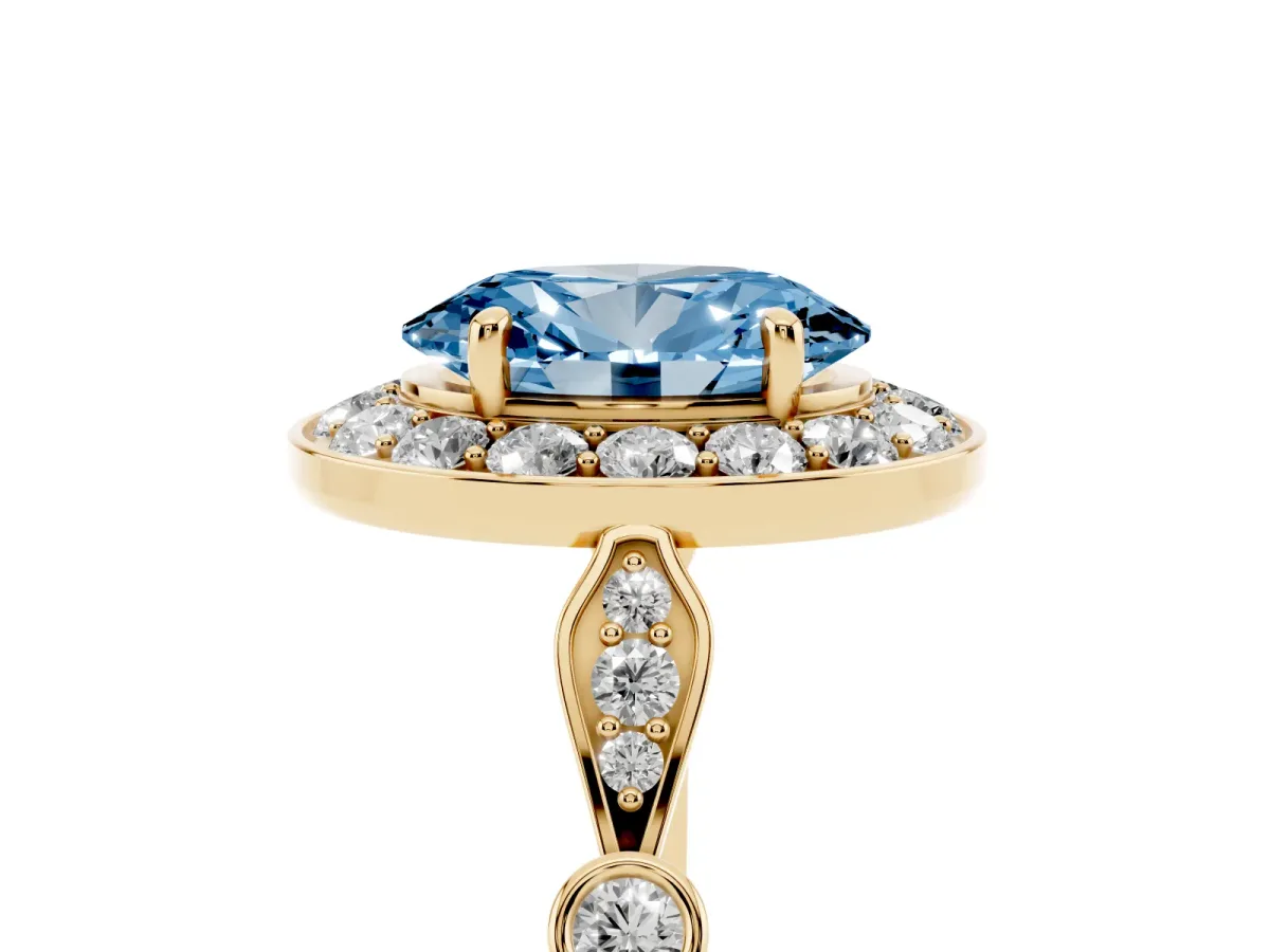 Fancy Blue Oval Cut Halo Diamond Engagement Ring with Twisted Band and Four-Prong Setting Yellow gold