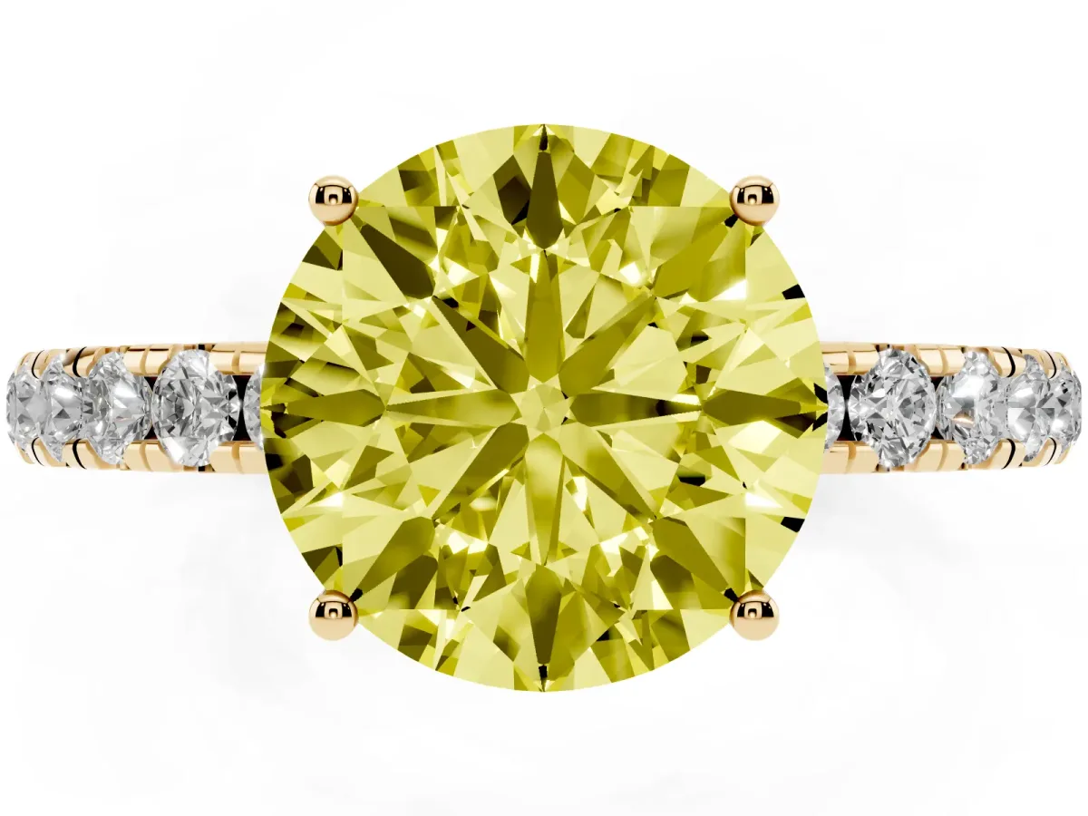 Fancy Yellow Round Cut Diamond Pavé Solitaire Engagement Ring with Four-Prong Setting Yellow gold