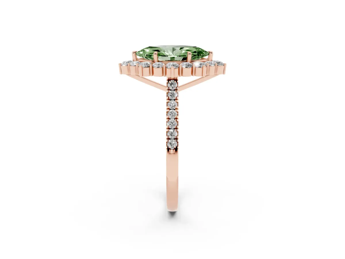 Fancy Green Marquise Cut Halo Diamond Ring with Pavé Band and Prong Setting Rose gold