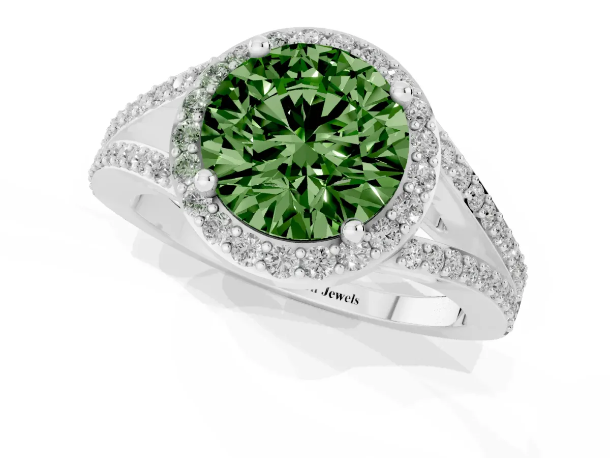 Fancy Green Round Cut Halo Split Shank Pave Diamond Ring with Four-Prong Setting Silver