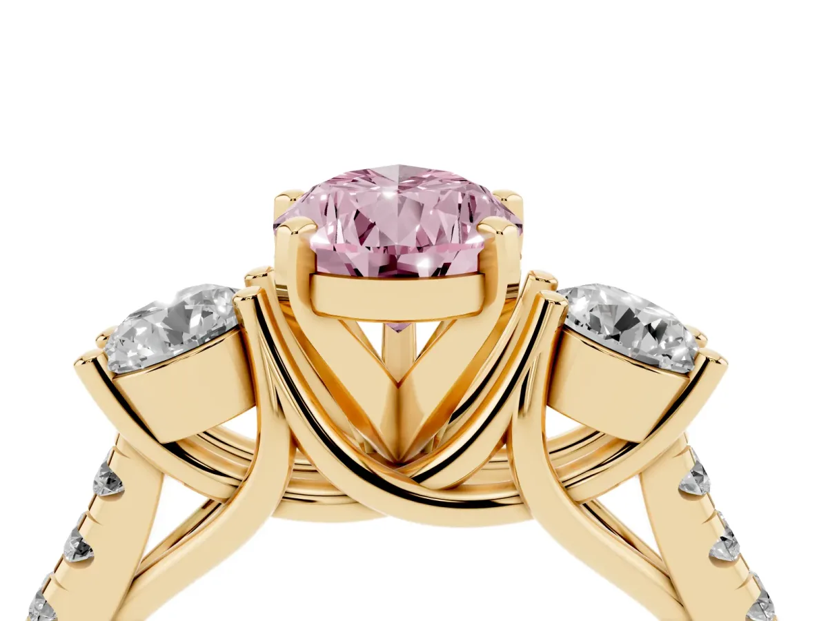 Fancy Pink Three-Stone Pear Cut Diamond Pavé Band with Four-Prong Setting Yellow gold