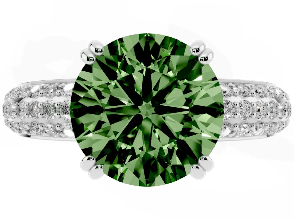 Fancy Green Round Cut Diamond Solitaire Ring with Multi-Row Round Pavé Band and Prong Setting Silver
