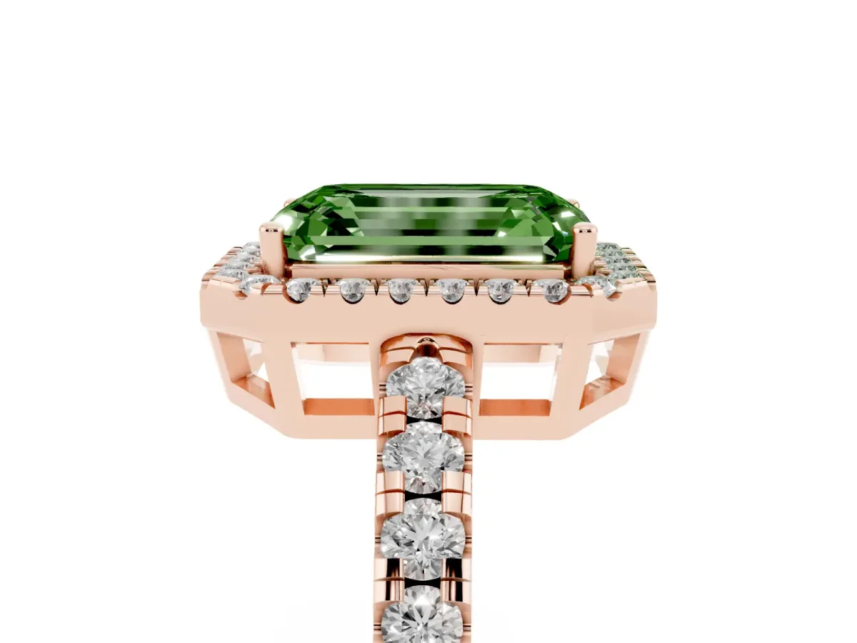 Fancy Green Emerald Cut Diamond Halo Ring with Pavé Band and Four-Prong Setting Rose gold
