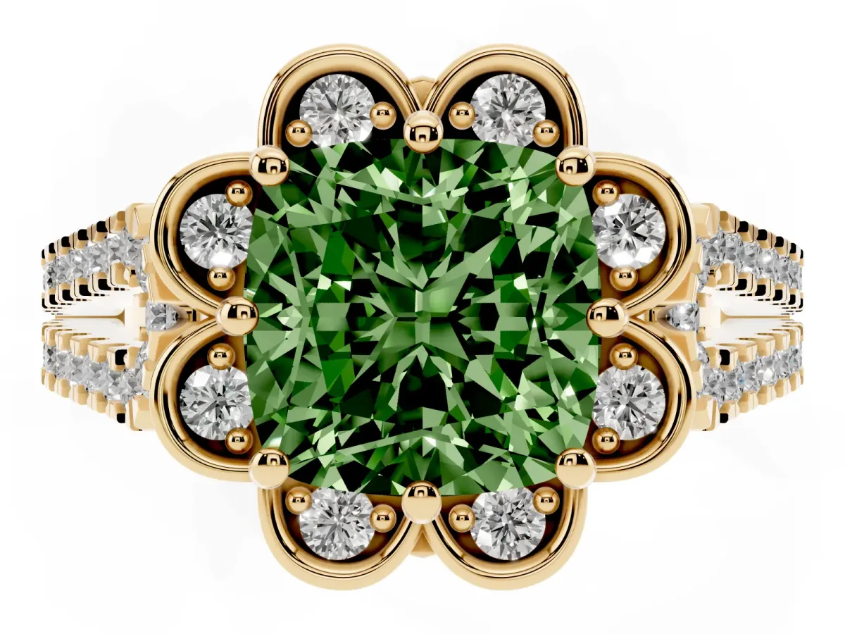Fancy Green Cushion Cut Halo Diamond Floral Split Shank Engagement Ring Yellow gold