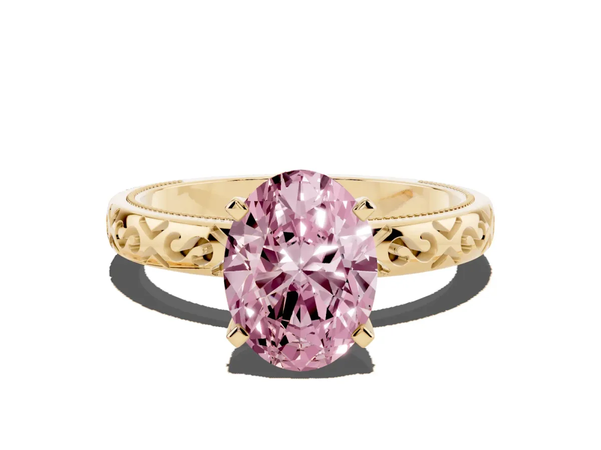 Fancy Pink Oval Cut Solitaire Engagement Ring with Scrollwork Band and Four-Prong Setting Yellow gold