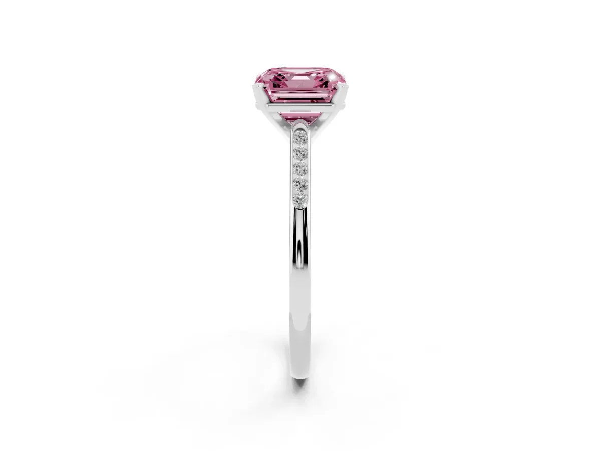 Fancy Pink Asscher Cut Diamond Solitaire Ring with Channel Set Round Band and Prong Setting Silver