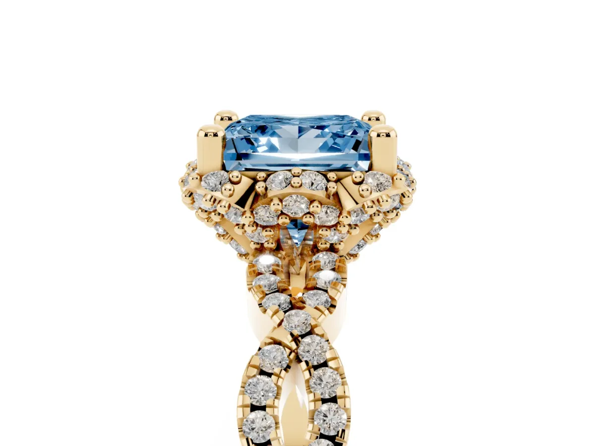 Fancy Blue Princess Cut Halo Twist Band Solitaire Ring with Six-Prong Setting Yellow gold