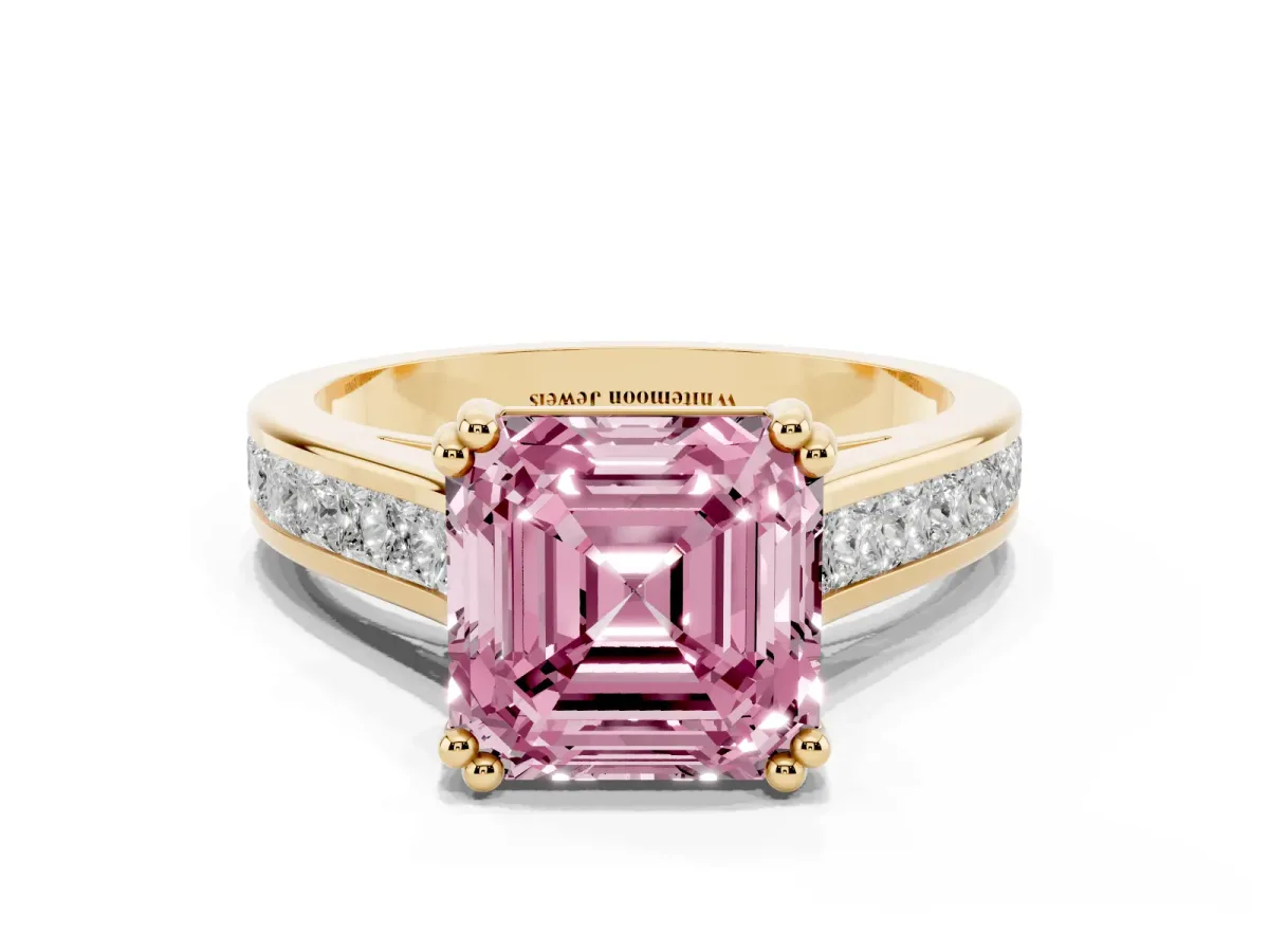 Fancy Pink Asscher Cut Cut Channel Set Solitaire Engagement Ring with Prong Setting Yellow gold