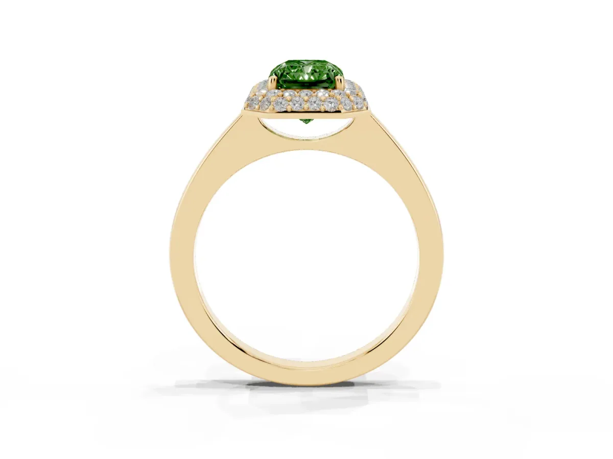 Fancy Green Radiant Cut Halo Diamond Engagement Ring with Solitaire Band and Four-Prong Setting Yellow gold