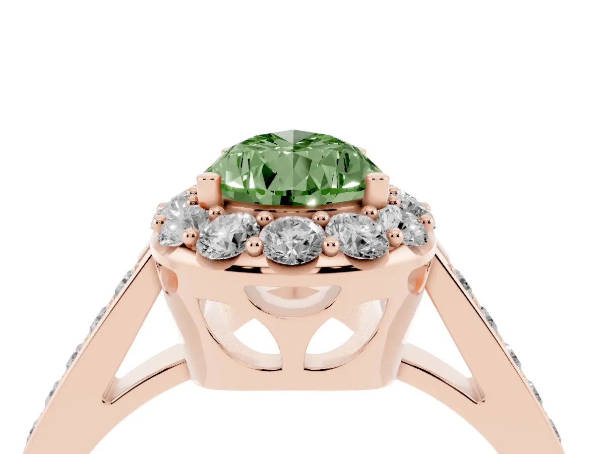 Fancy Green Pear Cut Diamond Floral Halo Ring with Pavé Band and Prong Setting Rose gold