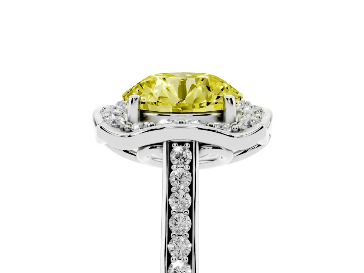 Fancy Yellow Round Cut Halo Round Diamond Pave Band with Four-Prong Setting Platinum
