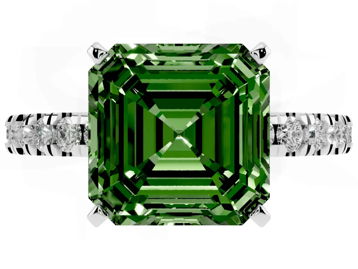 Fancy Green Asscher Cut Solitaire Diamond with Pavé Band and Four-Prong Setting White gold