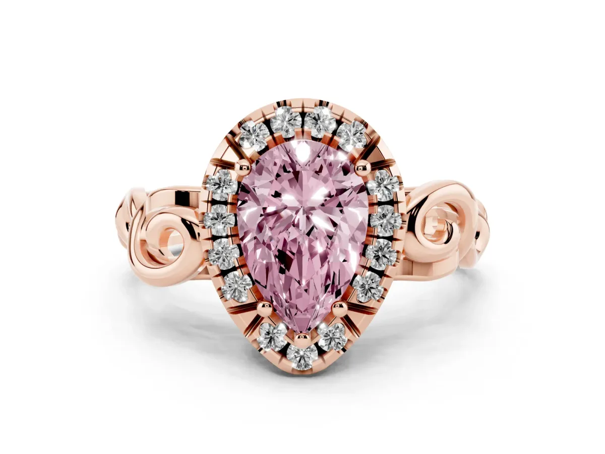 Fancy Pink Pear Cut Cut Halo Diamond Ring with Scrollwork Band and Four-Prong Setting Rose gold
