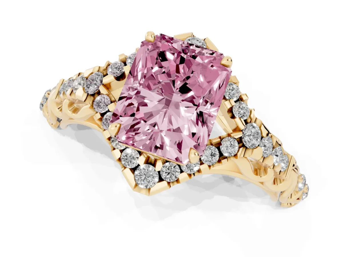 Fancy Pink Radiant Cut Diamond Solitaire Ring with Hidden Halo and Pavé Band Yellow gold
