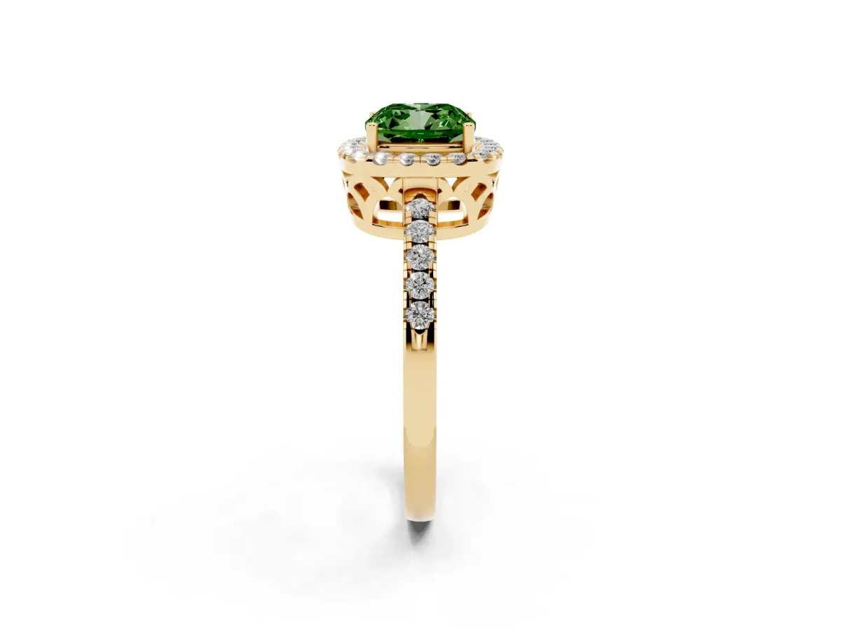 Fancy Green Cushion Cut Halo Diamond Engagement Ring with Pavé Band and Four-Prong Setting Yellow gold