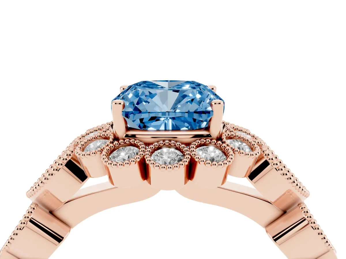 Fancy Blue Cushion Cut Brilliant Milgrain Pave Heart Band Solitaire Ring Rose gold