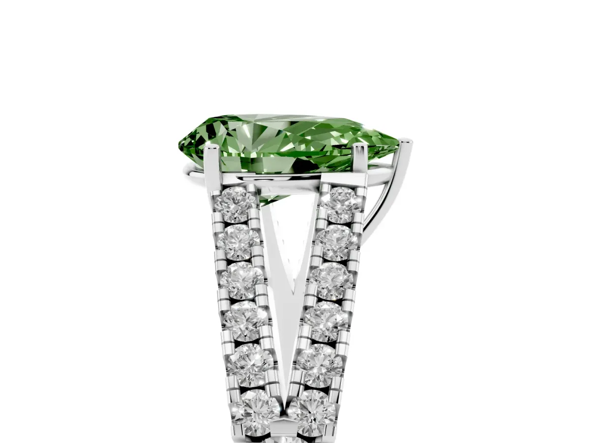 Fancy Green Pear Cut Diamond Split Shank Pavé Engagement Ring with Four-Prong Setting Platinum