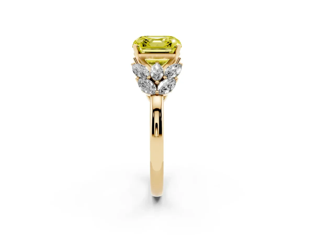 Fancy Yellow Asscher Cut Diamond Cluster Leaf Design Ring with Prong Setting Yellow gold