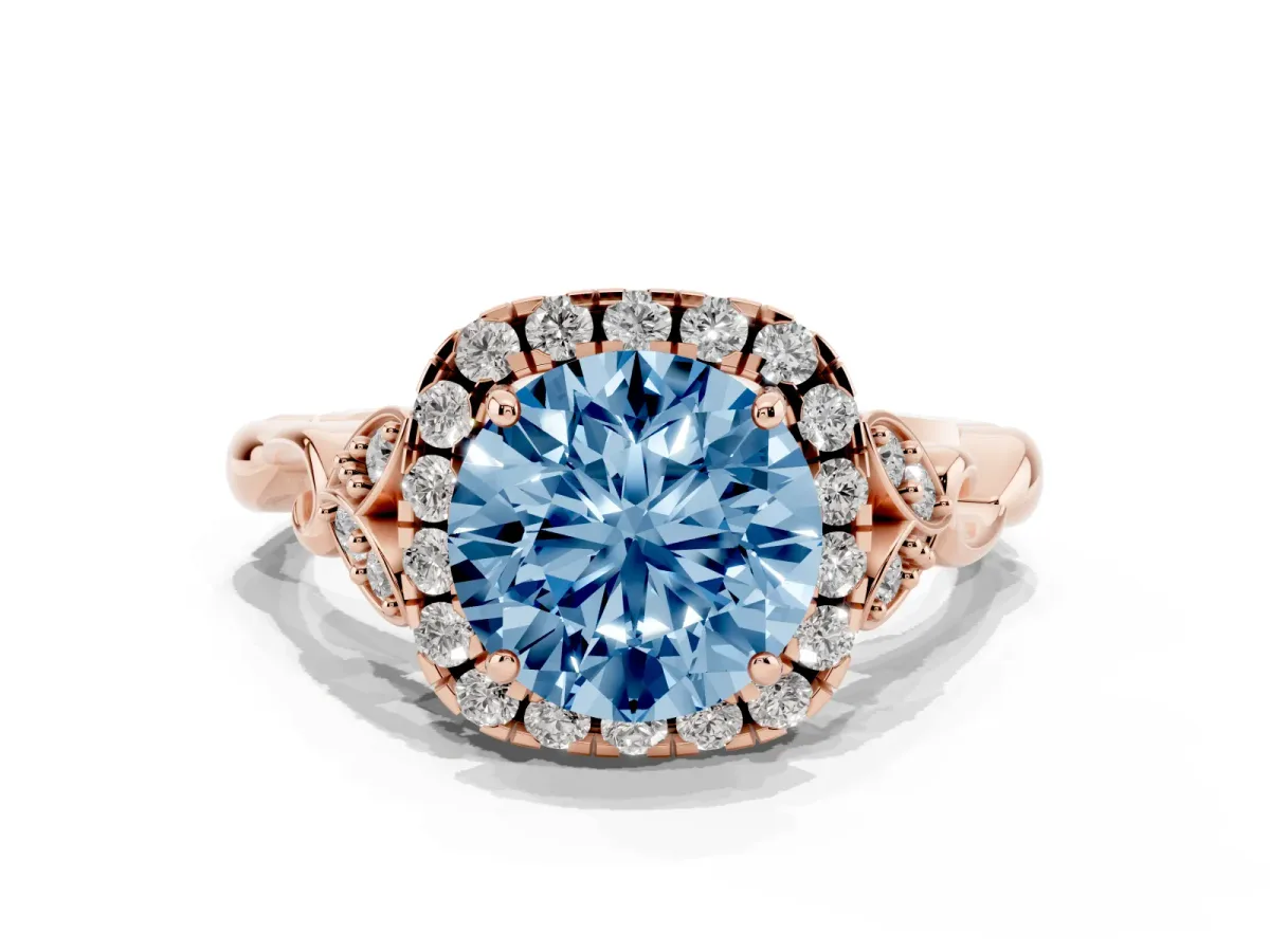 Fancy Blue Round Cut Halo Diamond Engagement Ring with Vintage-Inspired Band and Four-Prong Setting Rose gold