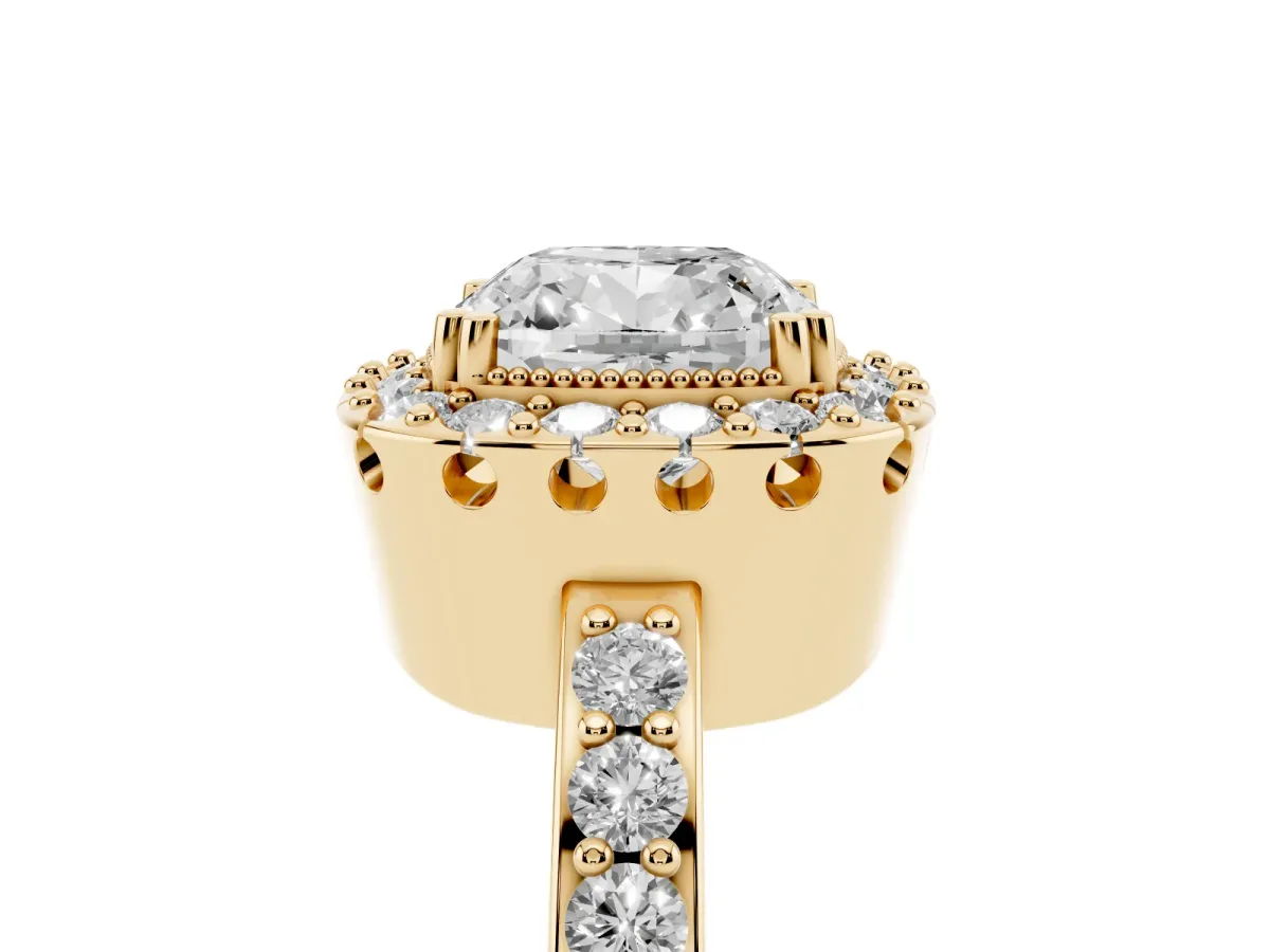 Cushion Cut Diamond Halo Ring with Pavé Band and Prong Setting Yellow gold