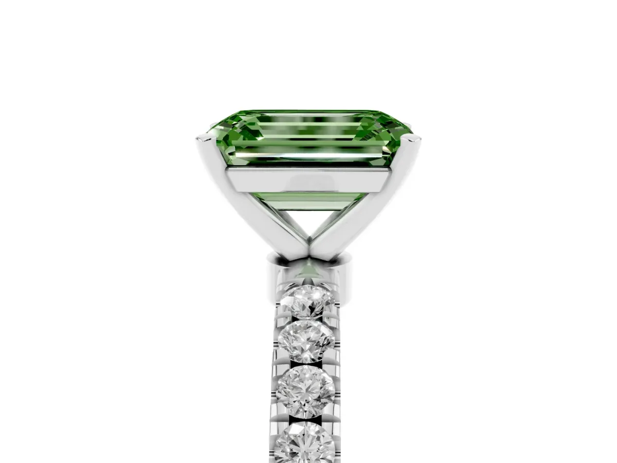 Fancy Green Emerald Cut Diamond Solitaire Ring with Pavé Accents and Four-Prong Setting Silver