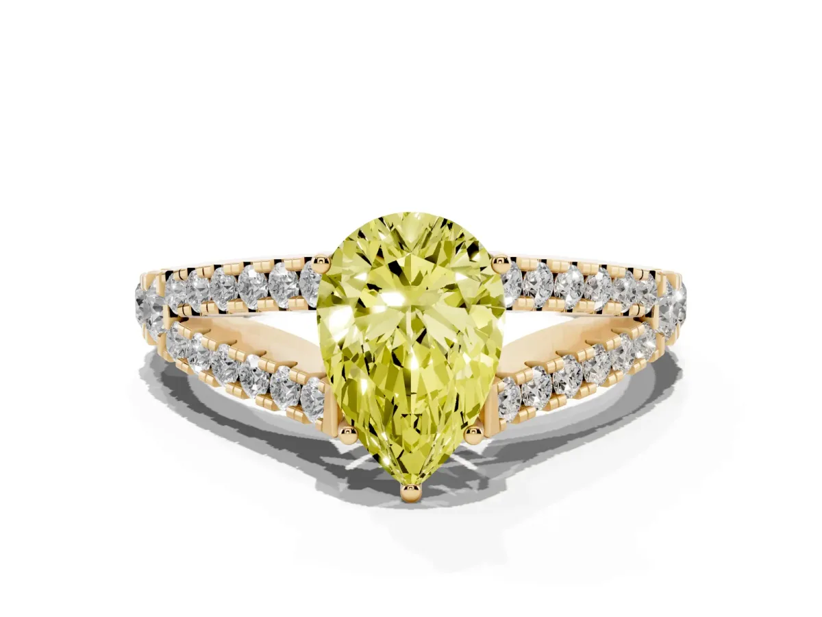 Fancy Yellow Pear Cut Diamond Split Shank Pavé Engagement Ring with Four-Prong Setting Yellow gold